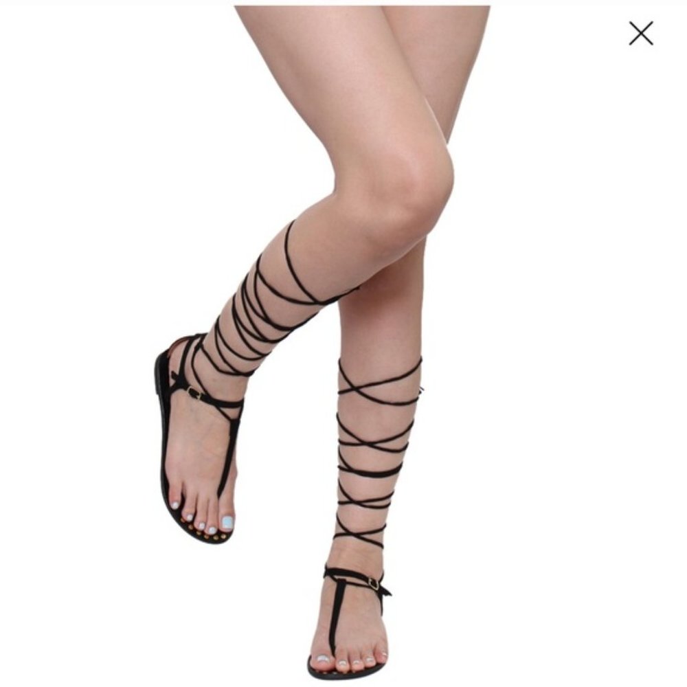 Gladiator Black Suede Sandals LACE UP Flats Strap